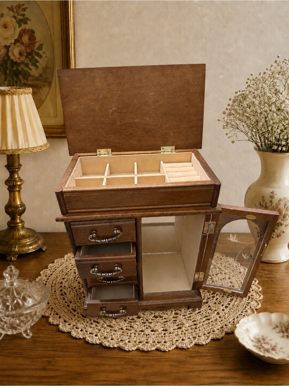Vintage Wooden Jewelry Armoire / Tabletop Jewelry Organizer
